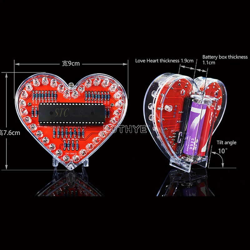 Kit de soldadura DIY en forma de corazón con luz de agua corriente colorida RGB, placa de circuito LED de amor, soldadura escolar, tablero de práctica DIY - imagen 3