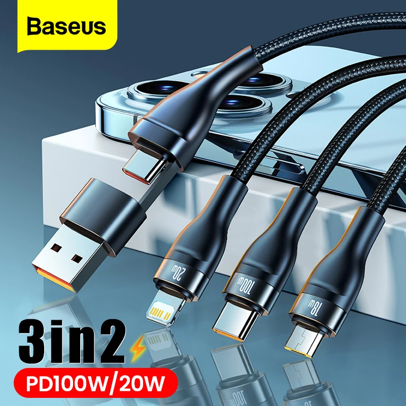 Baseus 3 1 Cable USB Tipo C PD 100W Cable Fecha Carga Rápida iPhone 13 12 11 Pro Cable Micro USB C Macbook Xiaomi - Vista principal del producto