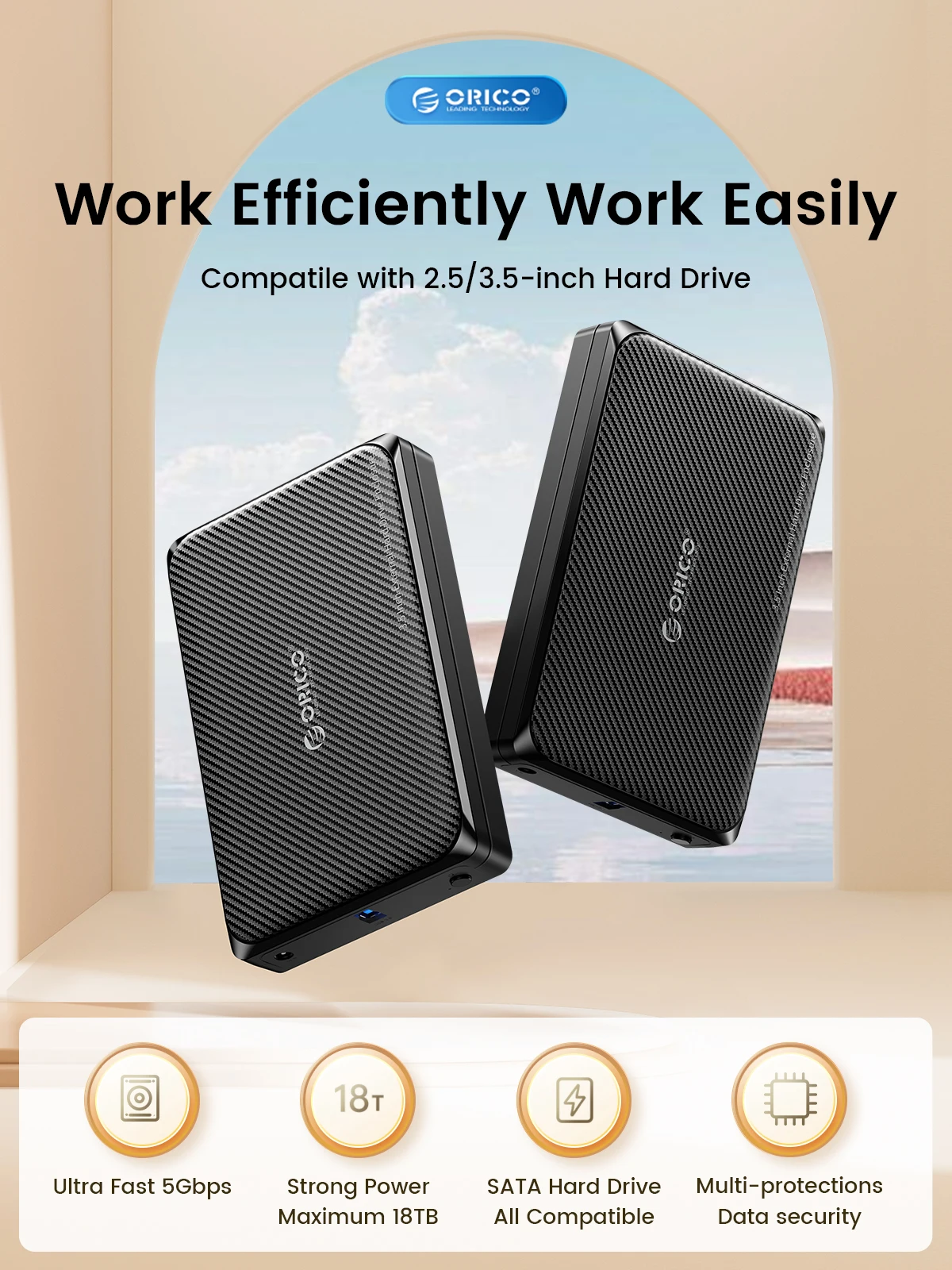 ORICO Gabinete HDD 3,5 USB3.0 a SATA - USB-C, 5Gbps 12V/2A UASP - imagen 2