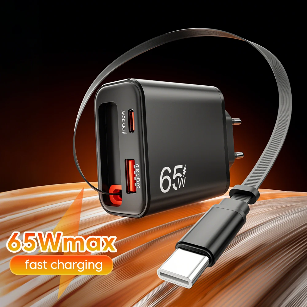 Cargador súper rápido USB C de 65W con Cable retráctil tipo C para iPhone 17 16 15 Samsung Xiaomi QC3.0 PD adaptador de cargador rápido - imagen 2