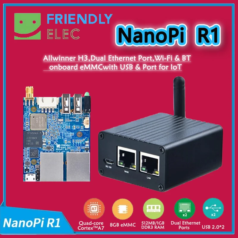 NanoPi R1 Allwinner H3 1GB RAM 8GB eMMC Gbps Ethernet Wifi Bluetooth OpenWRT cortex-A7 FriendlyELEC 5V2A alimentación UE/EE. UU. opcional
