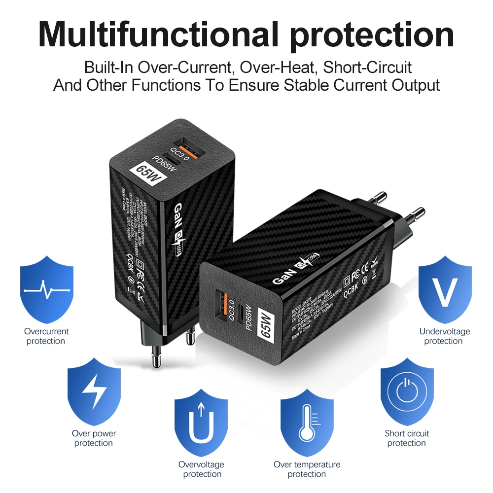 Cargador GaN de 65W PD Quick Charge 4,0 3,0 tipo C USB C adaptador de cargador rápido cargador portátil de teléfono móvil para tableta iPhone 15 14 - imagen 4