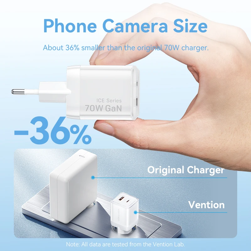 Vention 70W GaN cargador USB tipo C PD QC PPS carga rápida portátil para iPhone 16 15 14 13 Pro Max Samsung cargador de ordenador portátil - imagen 5