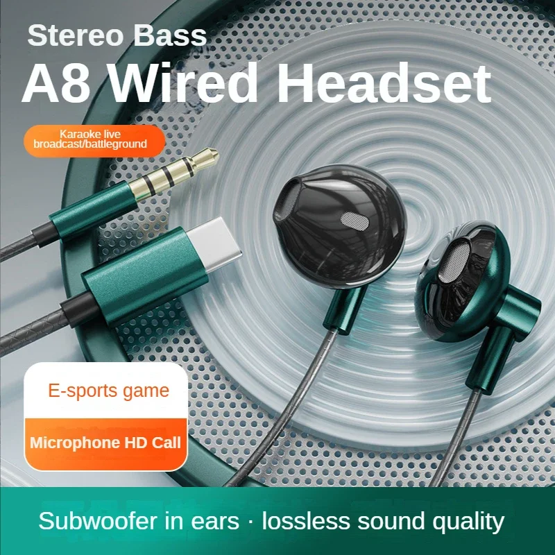 Auriculares intrauditivos A8 tipo C USB de 3,5mm, auriculares universales con cable para teléfono móvil con cancelación de ruido, auriculares Extra bajos con micrófono para teléfono móvil y PC