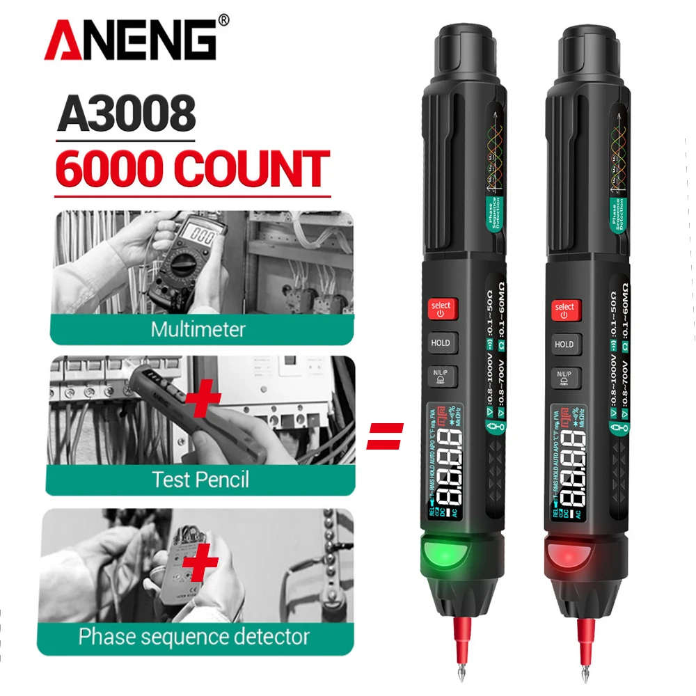 ANENG-multímetro Digital A3008, bolígrafo con Sensor profesional inteligente de 6000 recuentos, medidor de corriente, voltímetro sin contacto - imagen 3