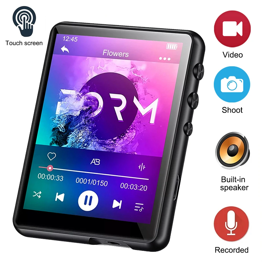 Reproductor de MP3 Bluetooth 5,4, altavoz incorporado, reproductor de música de alta fidelidad, pantalla táctil de 2,4 pulgadas, Walkman MP3, vídeo, Radio FM, cámara de grabación