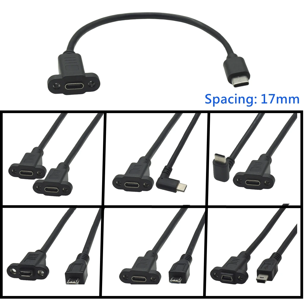 Conector macho Micro tipo C Mini USB a Mini USB tipo c Cable de extensión hembra de 5 pines Paso 17 mm con tornillos Orificio de montaje en panel