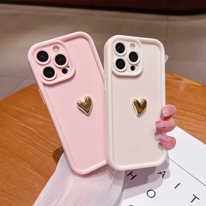 Funda de teléfono suave de silicona con corazón dorado 3D para iPhone 16 17 15 14 13 12 11 Pro Max 16E 17Air 7 8 Plus cubierta mate caramelo a prueba de golpes - imagen 5