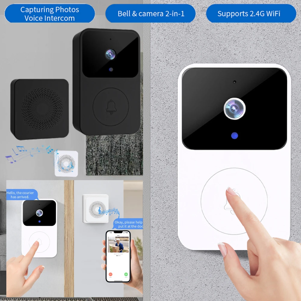 Timbre de puerta inalámbrico con WiFi de 2,4 GHz, cámara de visión nocturna, intercomunicador Visual inalámbrico, intercomunicador bidireccional para seguridad del hogar