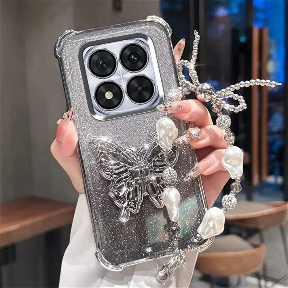 Funda de teléfono con soporte de mariposa y pulsera de perlas para Xiaomi Redmi Note 12 Pro 11S 10S 9S 12 11 10 9 Pro, funda suave a prueba de golpes con purpurina - imagen 2