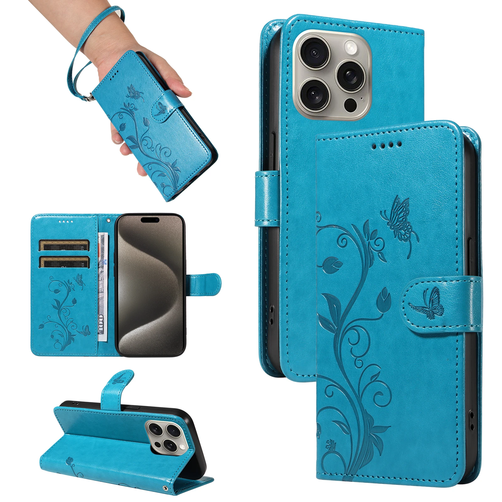 Funda de cuero con estampado de flores para iPhone, carcasa con tapa para tarjetas, 15 Pro Max, 14 Plus, 13, 12 Mini, 11, XR, X, XS, 6, 7, 8, SE, 2022 - imagen 2