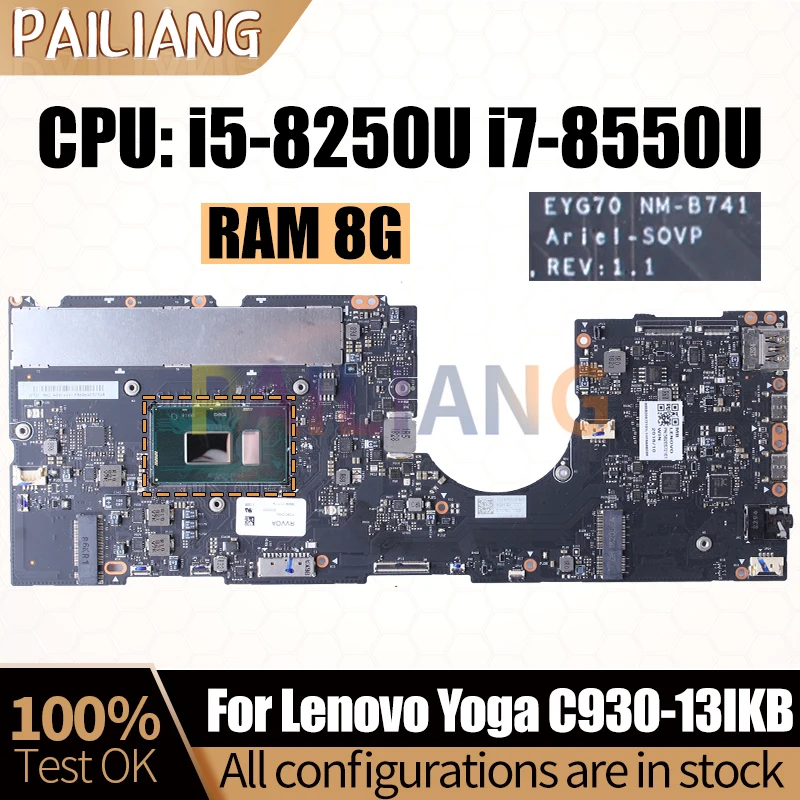 Placa base para portátil Lenovo Yoga C930-13IKB, placa base probada completa, NM-B741, i5-8250U, 8G, 5B20S72099, 5B20S72103 - imagen 2