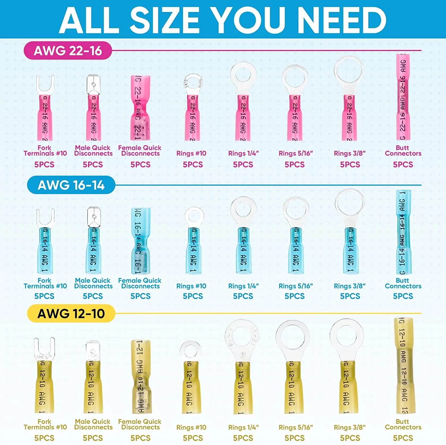 Conectores de cable termorretráctiles de 120 piezas, terminales eléctricos marinos automotrices a prueba de agua, Conector de crimpado, empalmes de horquilla de anillo - imagen 2