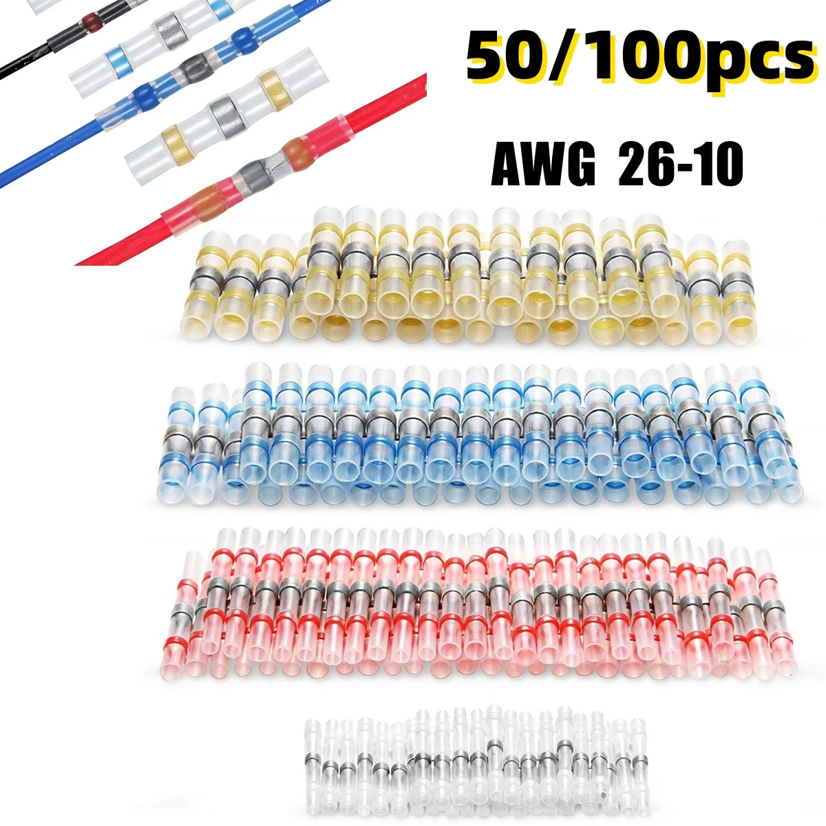 Terminales a tope termorretráctiles, soldadura en bolsa, conectores eléctricos sellados, Kit de empalme de Cable para coche y marinero, 50/100 Uds.