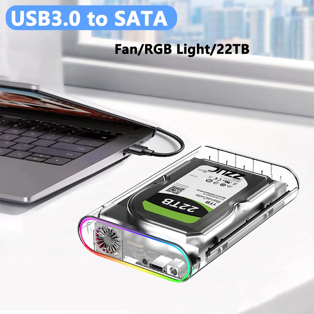 Caja de disco duro SATA USB 3,0 a 2,5 y 3,5 pulgadas con ventilador, luz RGB, lector SSD externo, caja HDD, compatible con carcasa de 22TB para ordenadores portátiles