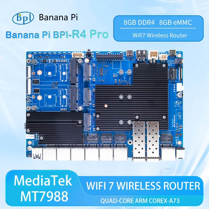 Banana Pi BPI-R4 PRO MediaTek MT7988A (Filogic 880) brazo de cuatro núcleos Corex-A7 8GB DDR4 8GB eMMC Wifi7 placa enrutadora automatización del hogar