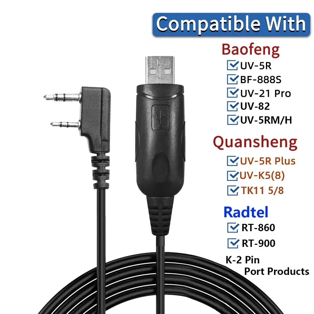 ABBREE Cable de programación USB de 2 pines Material PU para Walkie Talkie Baofeng UV-5R BF-888S UV-21 PRO Quansheng TK11 Radtel 900 Radio