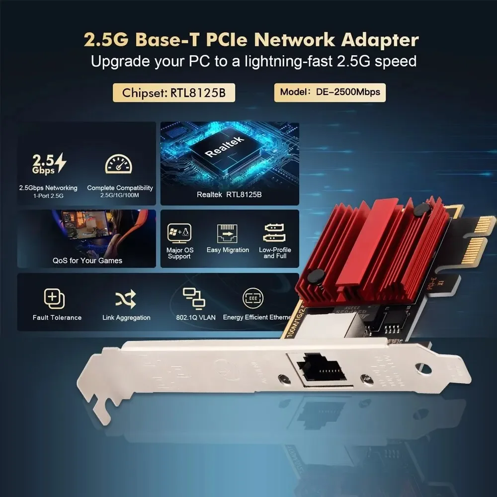 Tarjeta de red PCI-E a RJ45 de 2,5G, Chip RTL8125B, 100/1000Mbps, 2,5 Gbps, PCIE X1, adaptador de controlador LAN con cable Ethernet para Win10/11 - imagen 3