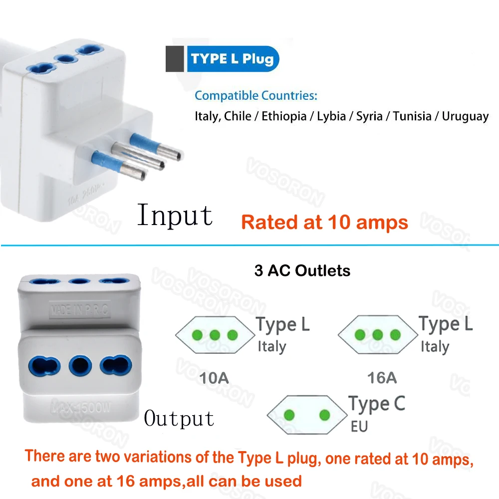 Adaptador de enchufe de viaje italiano, salida multipuerto de 3 vías AC100 ~ 250V 10A - imagen 5