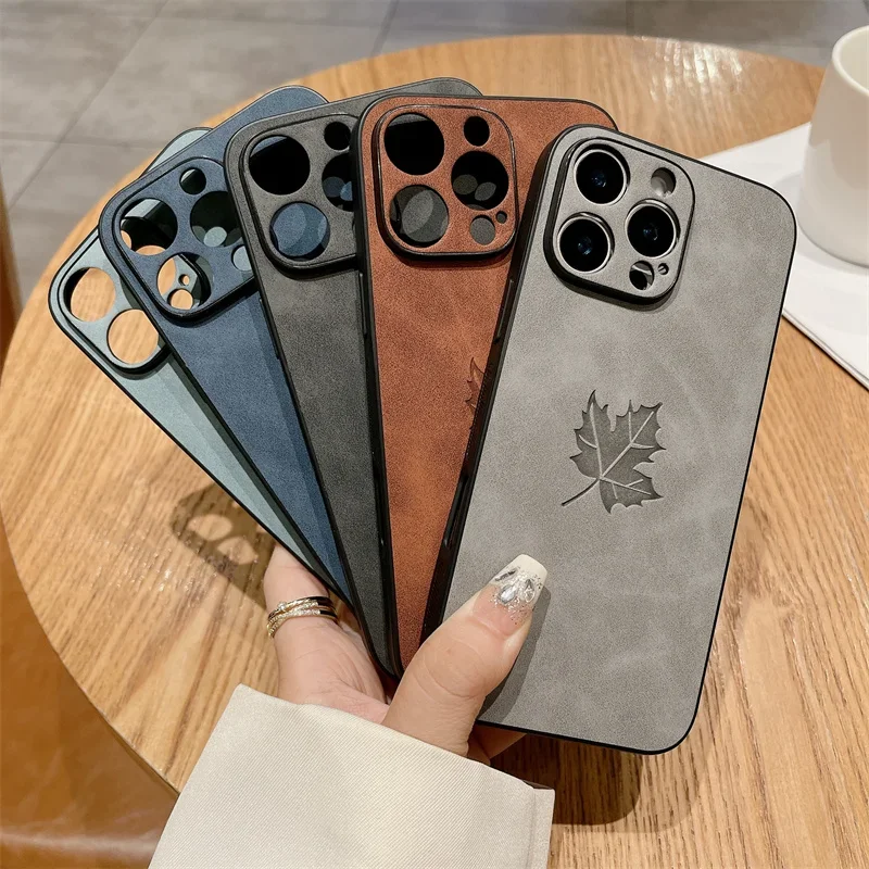 Funda de teléfono de cuero de hoja para iPhone 16 16E 15 14 Plus 13 12 11 Pro Max X XS Max XR cubierta trasera dura de PC a prueba de golpes - imagen 3