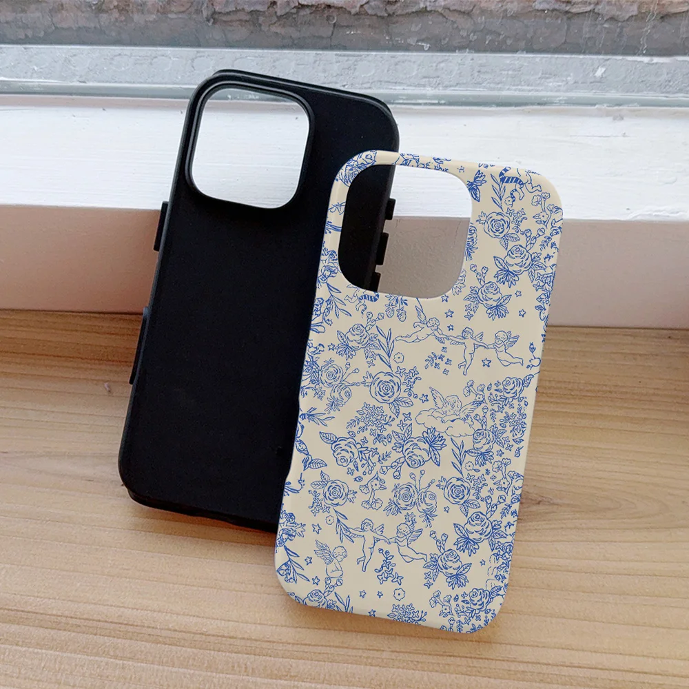 Funda de teléfono de lujo con diseño de Ángel y flor azul para iPhone 16, 15, 14, 13, 12, 11 Pro Max Plus, funda trasera magnética de doble capa de lujo - imagen 5