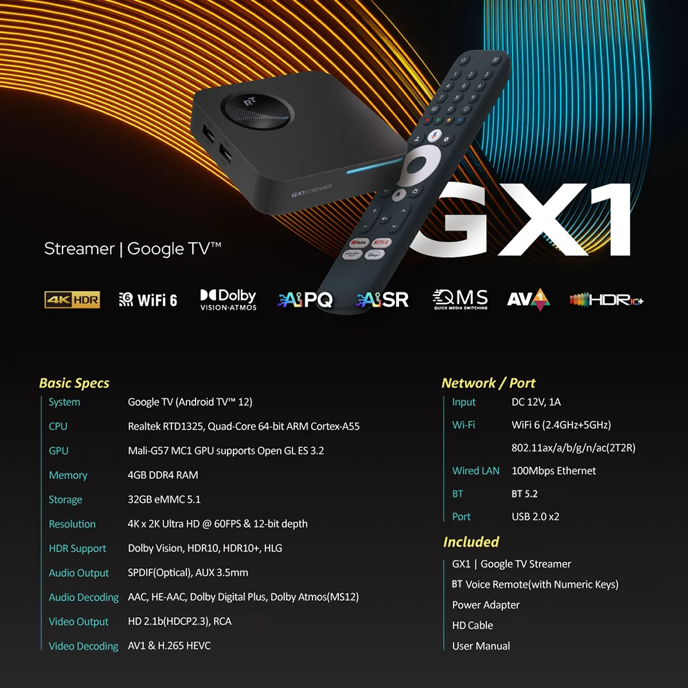 RockTek GX1 UHD Google TV 12 Box Netflix Certificación Google 4GB 32G Realtek1325 Soporte Dolby Atmos 2T2R Wifi6 BT5.2 Android TVBox - imagen 5