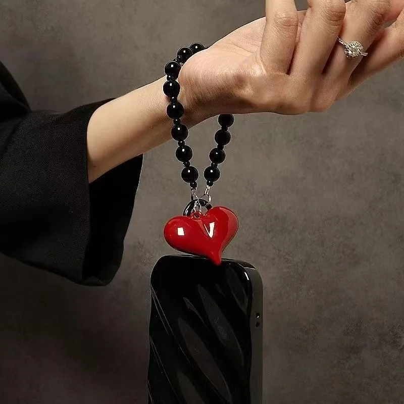 Cadena para teléfono con cuentas de corazón de amor 3D rojo coreano, cordón colgante, dijes para teléfono, correa para teléfono, cordón para móvil hecho a mano, regalo de joyería - imagen 2
