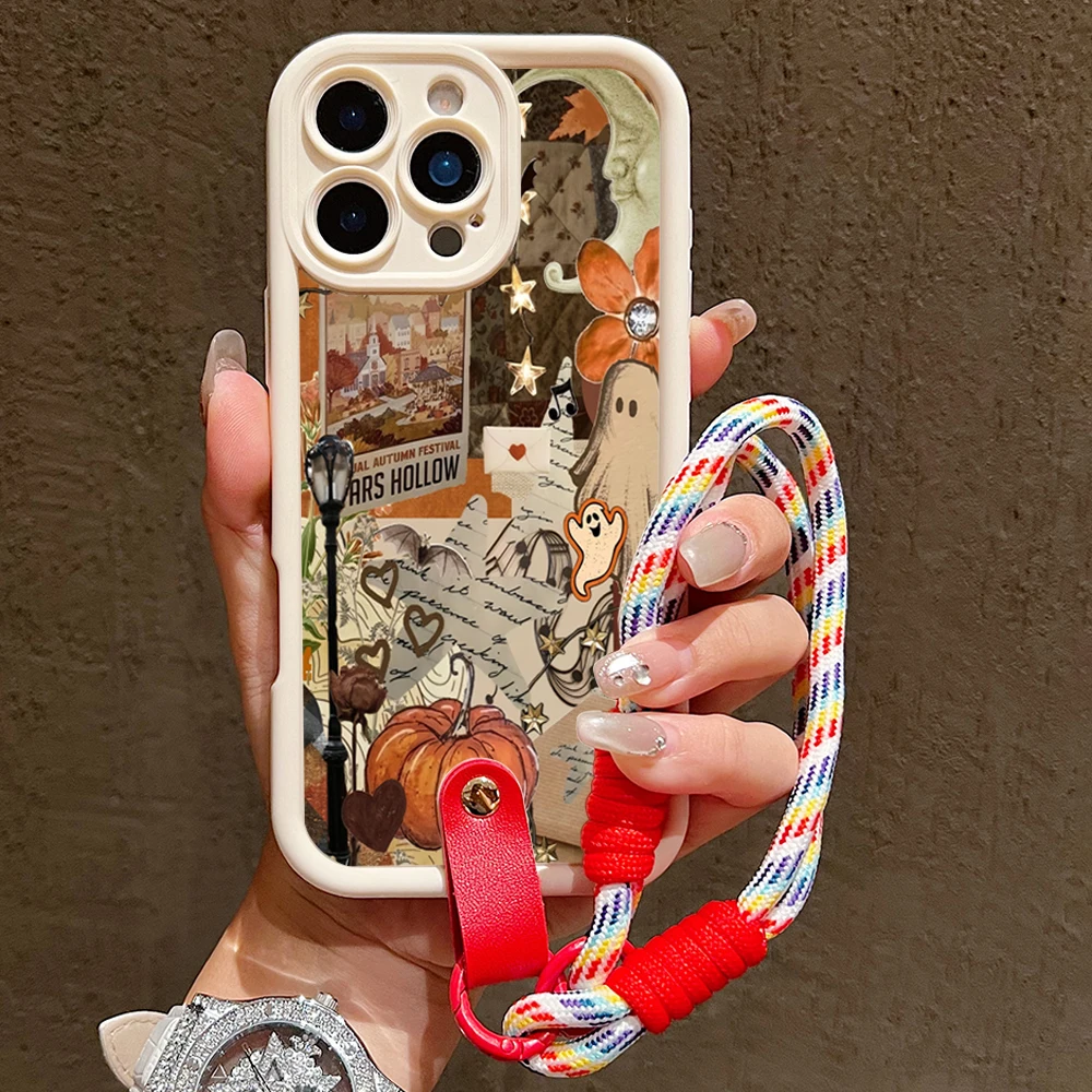 Funda de teléfono de silicona fantasma de Halloween para iPhone 17 16 Pro Max 15 14 13 12 11 XS X XR 7 8 Plus 16E cubierta de cordón con correa para muñeca