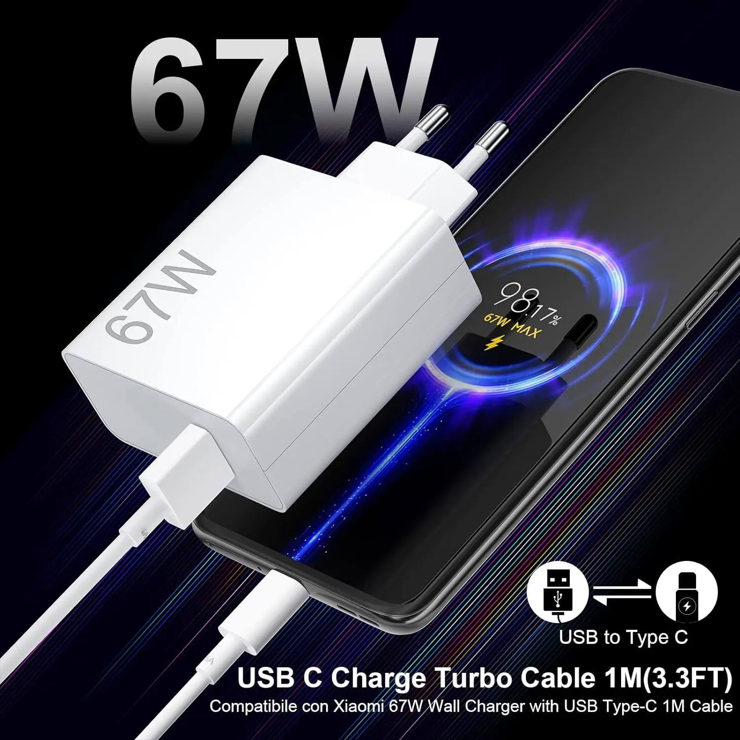 6A Ultra Fast Charging 67W EU Wall Charger for Xiaomi 11 12 13T 14 Redmi Note 10 11T 12 13 Pro POCO F4 F5 X4 X5 Type C USB Cable - imagen 2