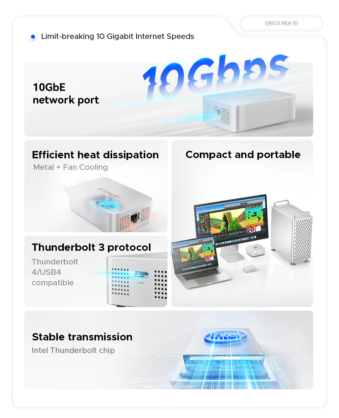 ORICO 10 Gigabit Ethernet para Mac Mini M4 NAS SAN tarjeta de red Thunderbolt 4 a 10000Mbps USB C disipación de calor para Mac Mini - imagen 3