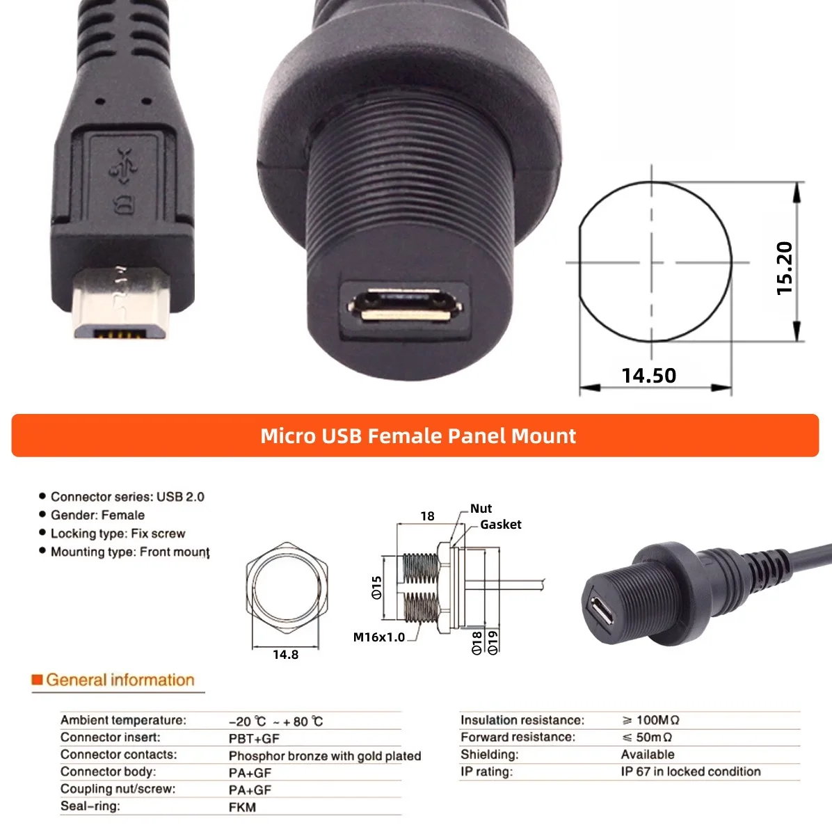 Cable micro USB resistente al agua, micro-USB 2,0 5 pines IP67 macho a hembra montaje en panel cable de extensión de conector a prueba de agua 30 cm 1 m - imagen 2