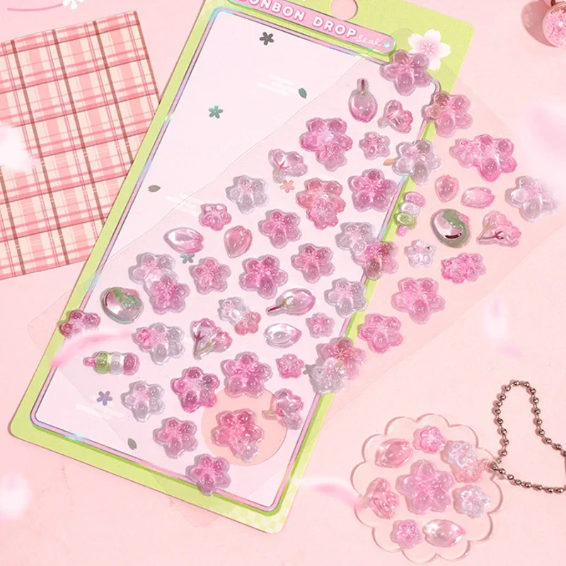 1 hoja de papelería para diario, calcomanías Kawaii, gota de flor de cerezo rosa, pegatina en relieve 3D, álbum de recortes, decoración para diario DIY - imagen 5
