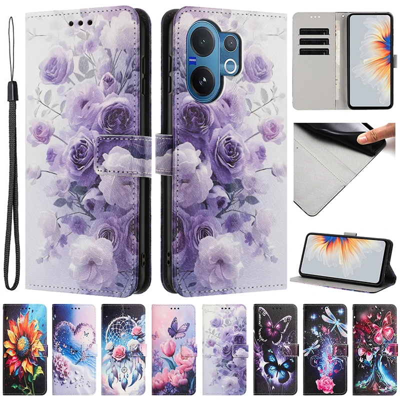 Para Vivo V60 5G Funda protectora tipo billetera Funda de teléfono para vivo v60 Funda VIVOV60 V 60 V2511 Patrón pintado Funda de cuero con tapa Coque - imagen 2