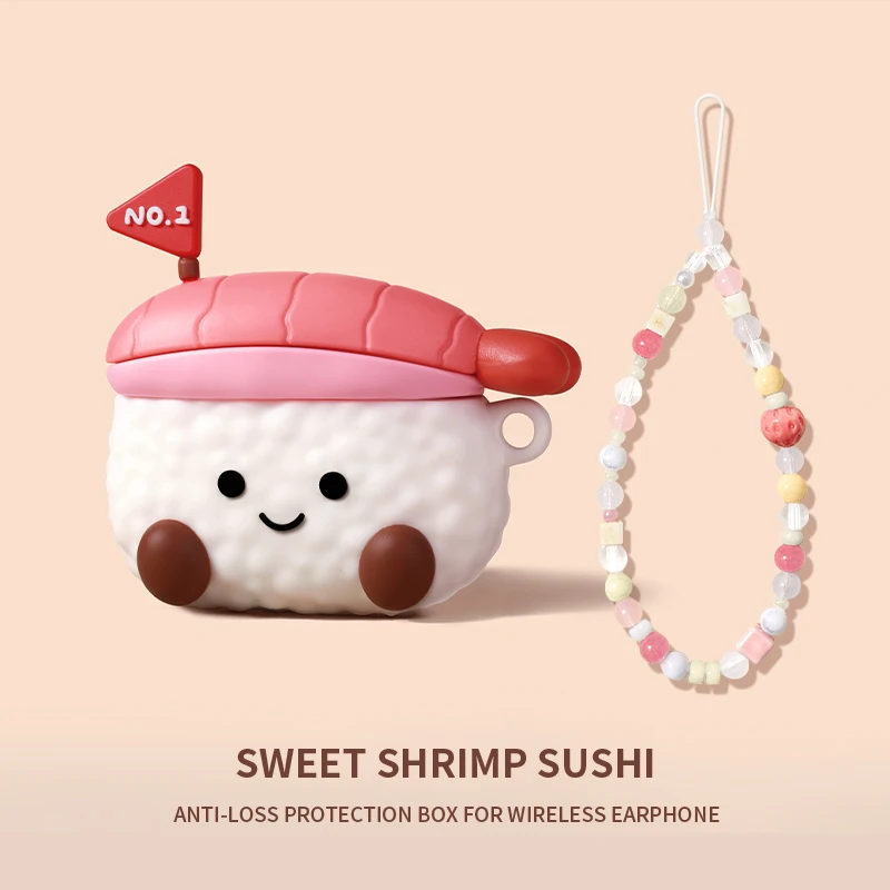 Para AirPods 4 3 2 1 Pro Pro2 funda para auriculares 3D Sushi comida divertida caja protectora de silicona para auriculares con cubierta colgante ﻿