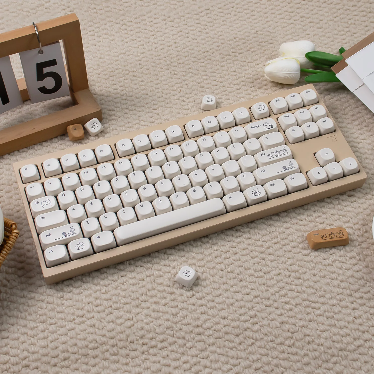 Teclas de gato de arena, teclas PBT, teclas MOA sublimadas de tinte, color blanco, bonitas teclas de fuente pequeña para teclado mecánico MX 61/64/68/96 - imagen 5