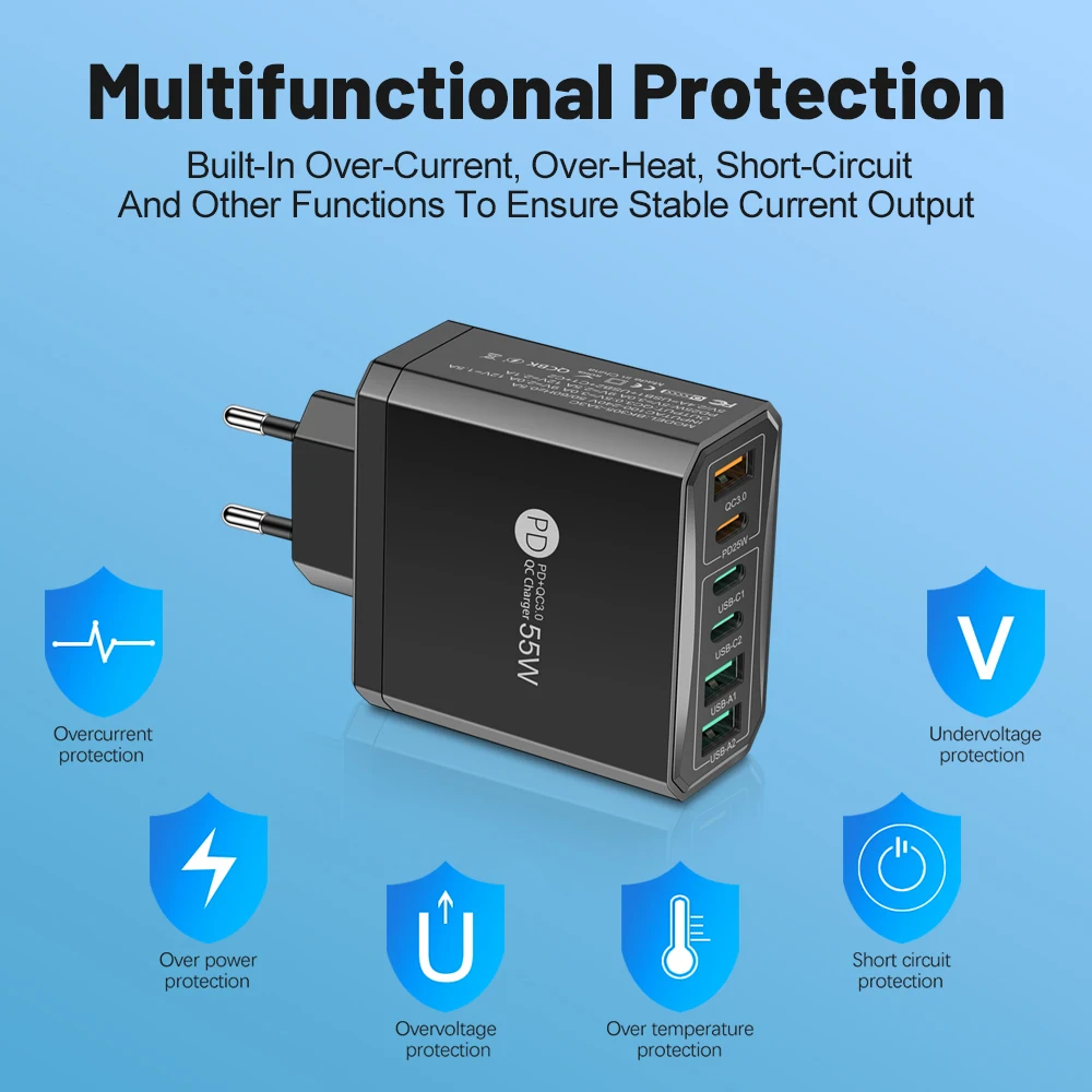 Cargador de viaje QC3.0 de carga rápida, 55W, 3 USB, 3 PD, para iPhone 15, 14, Samsung, Xiaomi, adaptador para teléfono móvil, enchufe UE, KR, EE. UU., Reino Unido - imagen 4