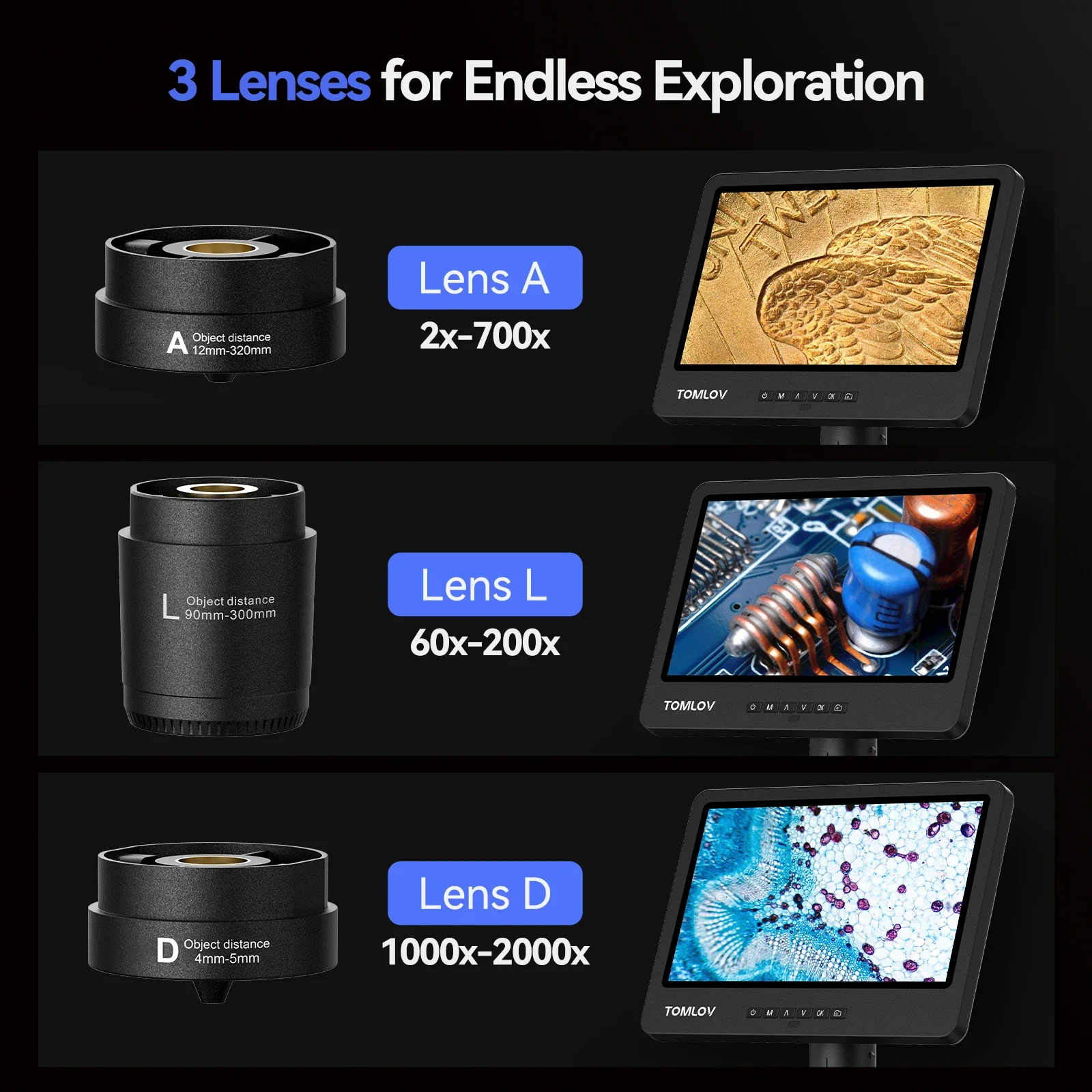 TOMLOV-microscopios HDMI DM602, Microscopio de soldadura Digital flexible, 2000X, 10,1 ", 3 lentes, moneda, anillo de luz para reparación - imagen 2