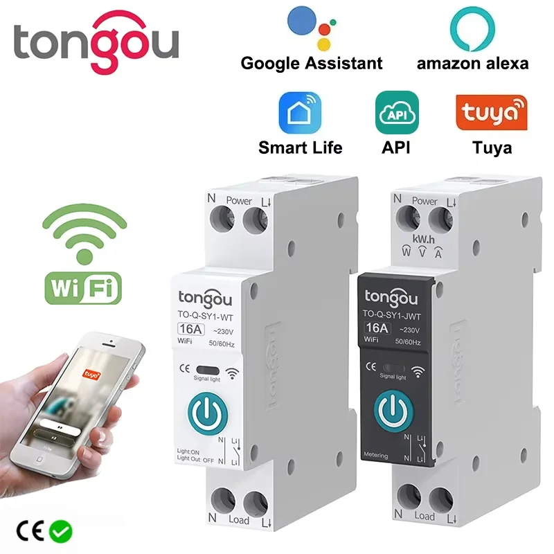 TUYA WIFI disyuntor inteligente medición de potencia 1P 63A carril DIN para hogar inteligente Control remoto inalámbrico interruptor inteligente por aplicación TONGOU