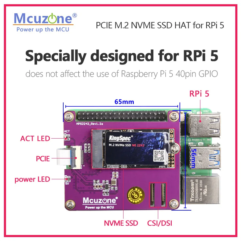 MPS2242 , PCIE M.2 NVME SSD HAT para Raspberry Pi 5, compatible con 2230 2242 Gen3 - imagen 3