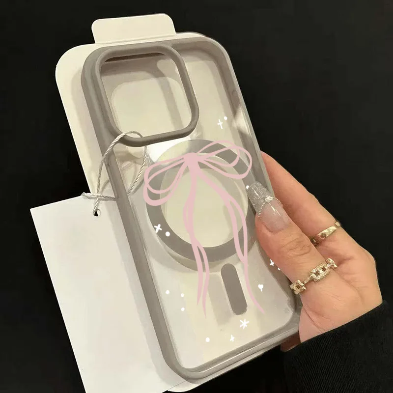 Funda de teléfono de silicona magnética transparente con cinta de lazo rosa para iPhone 17 Pro, fundas para iPhone 16 15 14 13 12 11 Pro Max Plus Air Cover - imagen 4
