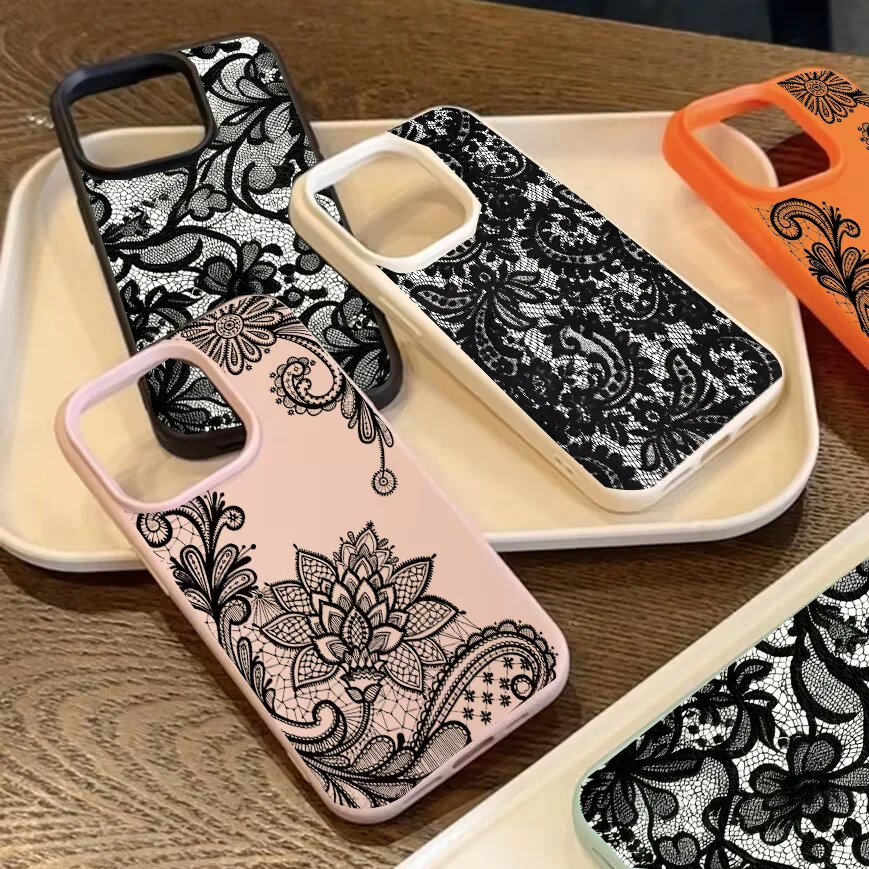 Funda de lujo con diseño de encaje negro para Iphone 17 Pro Max 17 Air 16 15 14 13 12 11 Pro Max 16e Funda de cuero personalizada para teléfono - imagen 2