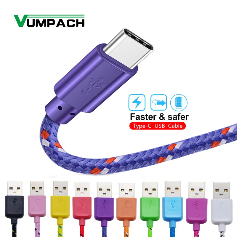 Cable USB tipo C para móvil, Cable de datos de carga rápida de nailon para Samsung S10, S9, Note 9, Oneplus, xiaomi, Huawei, USB-C tipo c