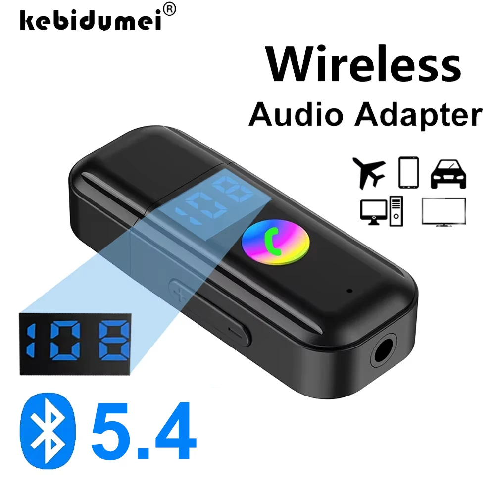 Transmisor receptor de Audio Bluetooth 5,4, adaptador de Audio AUX USB, pantalla LED, adaptador de Audio inalámbrico FM para altavoces de TV de coche y PC