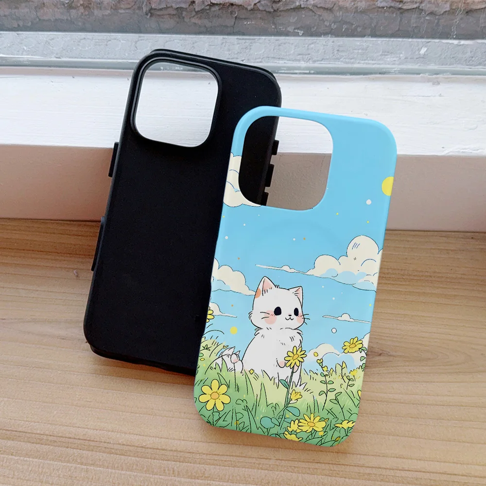 Funda de teléfono con bonitos dibujos de gatos y flores para iPhone 16, 15, 14, 13, 12, 11 Pro Max Plus, funda trasera magnética de lujo de doble capa - imagen 4