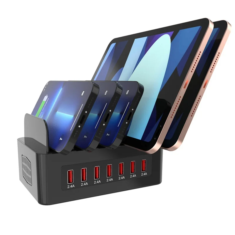 Cargador Multi USB Universal de 100W, estación de carga rápida USB de 7 puertos, soporte para tableta para Ipad, Iphone 15, 14, 13, 12 Pro Max, Samsung S24