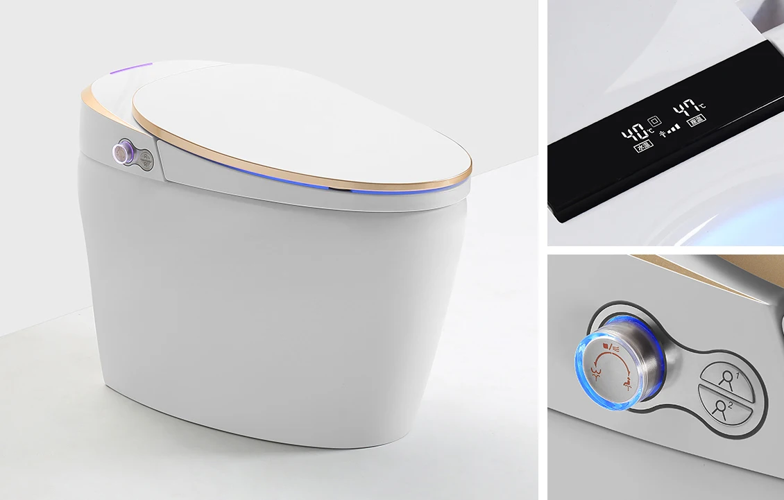 Baño eléctrico con Sensor automático, inodoro inteligente de una pieza con Cómoda para Wc, inodoro inteligente de línea dorada con Control remoto - imagen 5