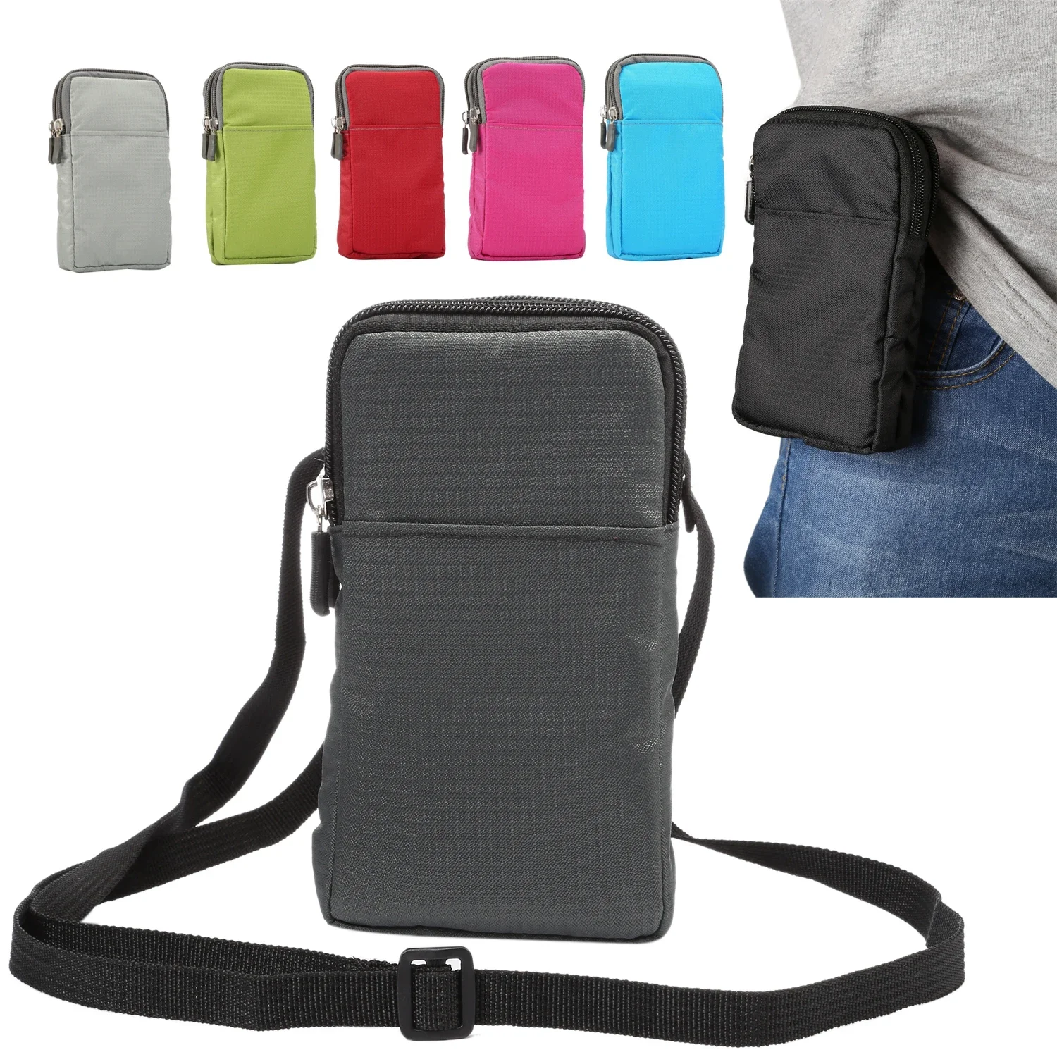 Bolsa Universal para teléfonos móviles de 6,0, 6,3, 7,2 pulgadas, soporte para bolso de hombro para exteriores, 3 bolsillos, 2 cremalleras, funda tipo billetera, Clip para cinturón, bolsa con gancho - imagen 2