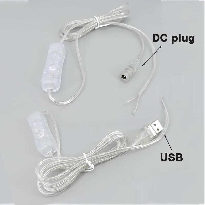 2M 22awg fuente de alimentación transparente USB DC 5-12V Cable macho hembra interruptor conector Cable de extensión para tira de luz LED neón