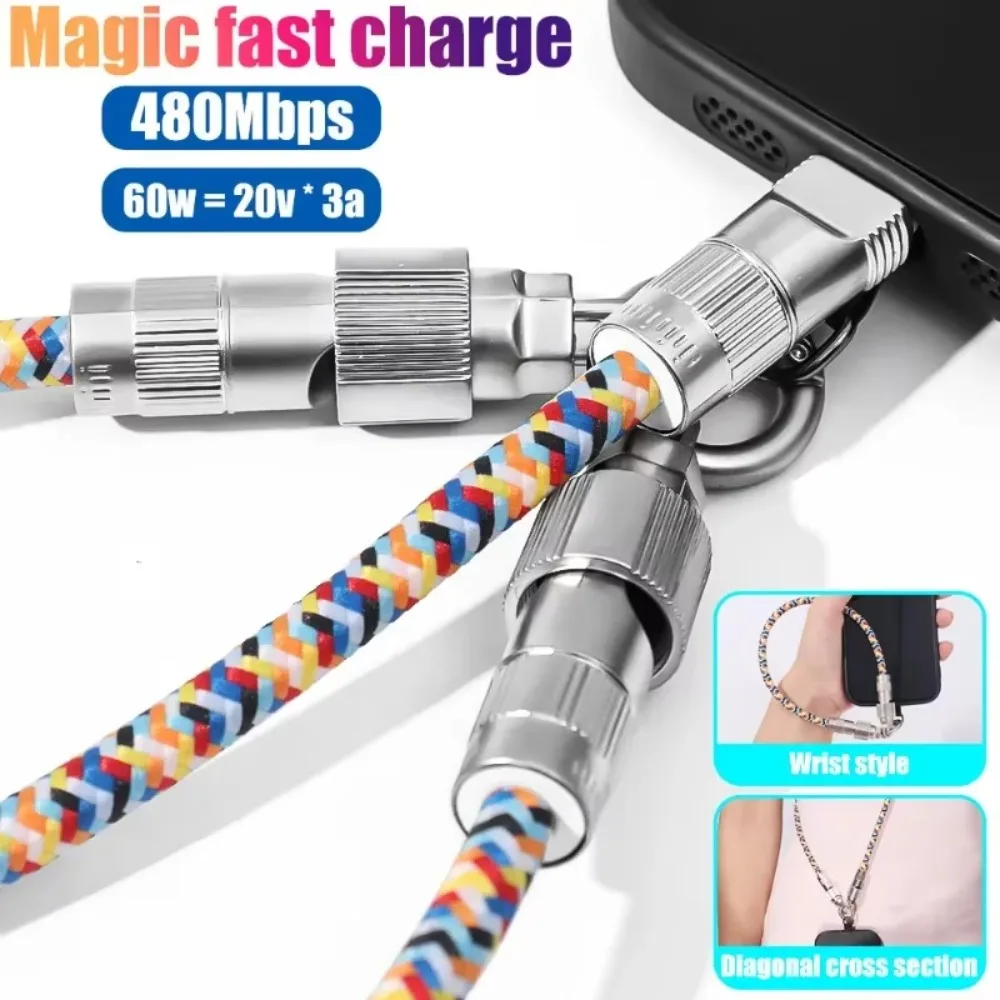 Cordón de teléfono móvil 2 en 1 de moda PD 60W C a C Cable de carga Bloqueo de aleación de Zinc Más conveniente y más seguro para iPhone 15 16 - imagen 3