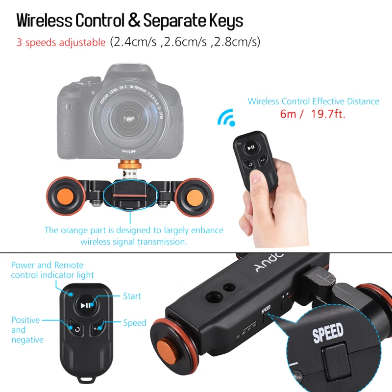 Andoer L4 PRO cámara de vídeo motorizada Dolly con indicación de escala deslizador de pista eléctrica Control remoto inalámbrico/batería de 1800mAh - imagen 4